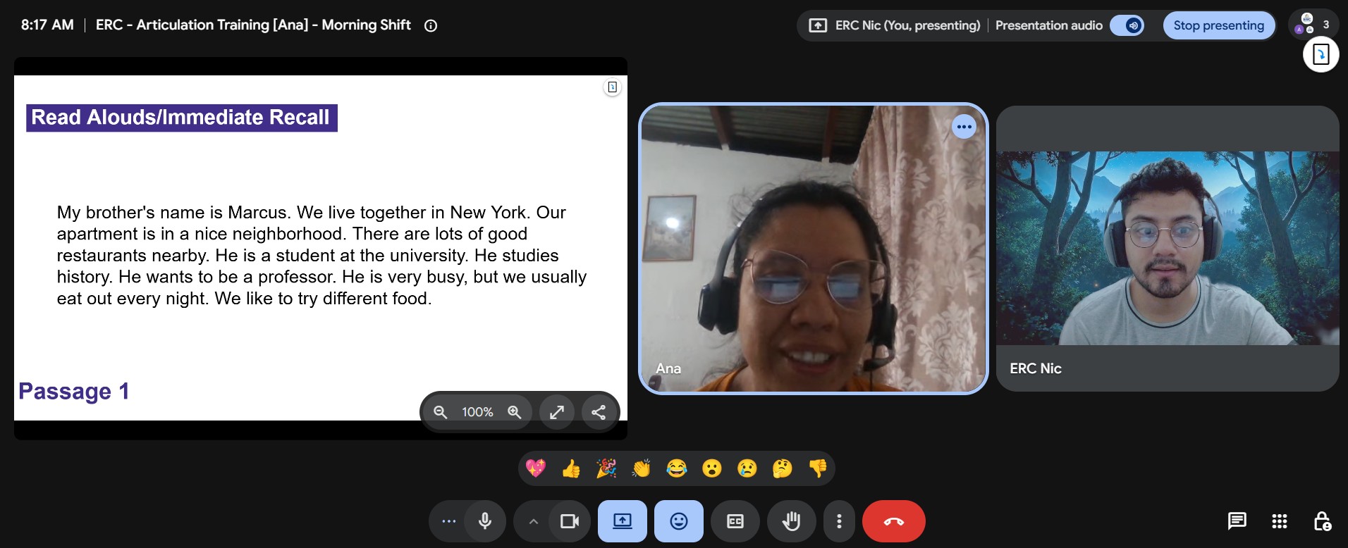 Clase online con una estudiante y una actividad de lectura en voz alta.